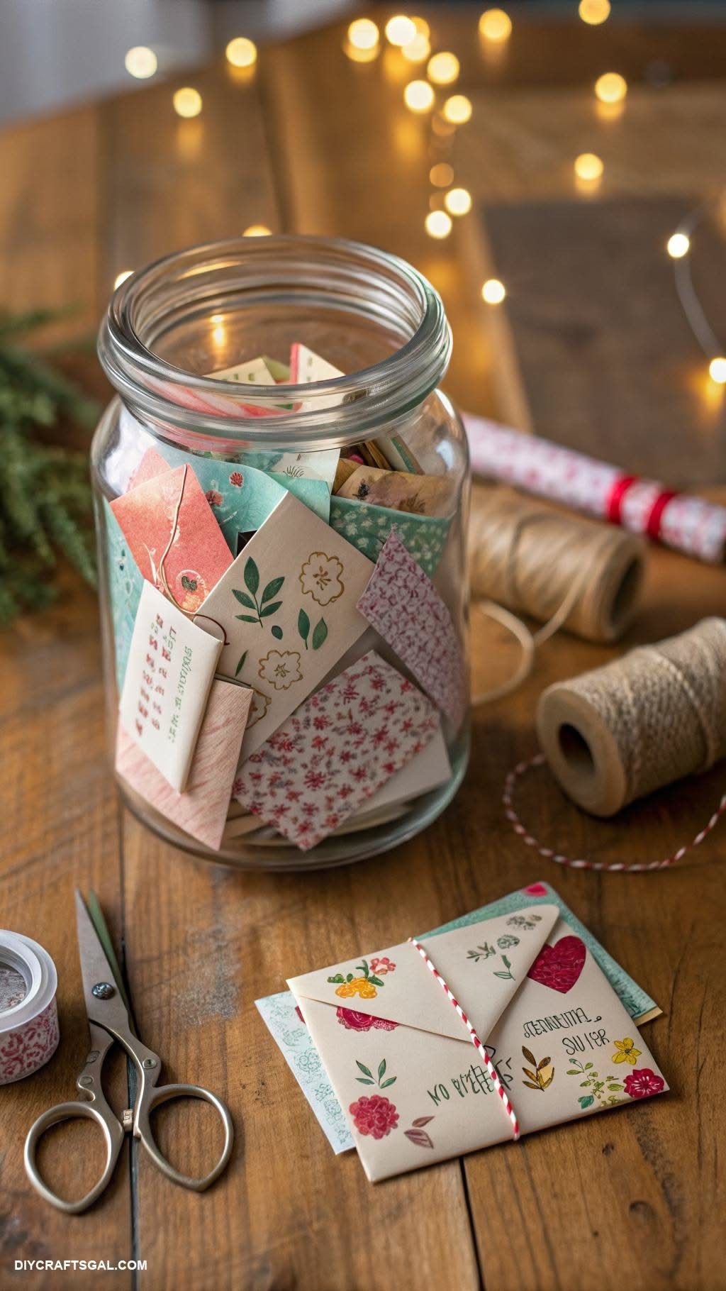 A glass jar filled with colorful small envelopes resting on a wooden table with scissors and twine.