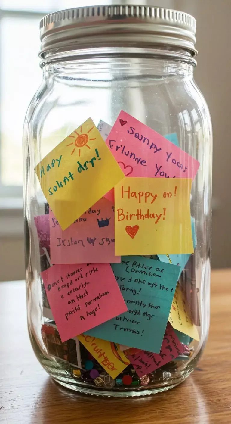 A glass mason jar filled with colorful handwritten notes and small drawings.