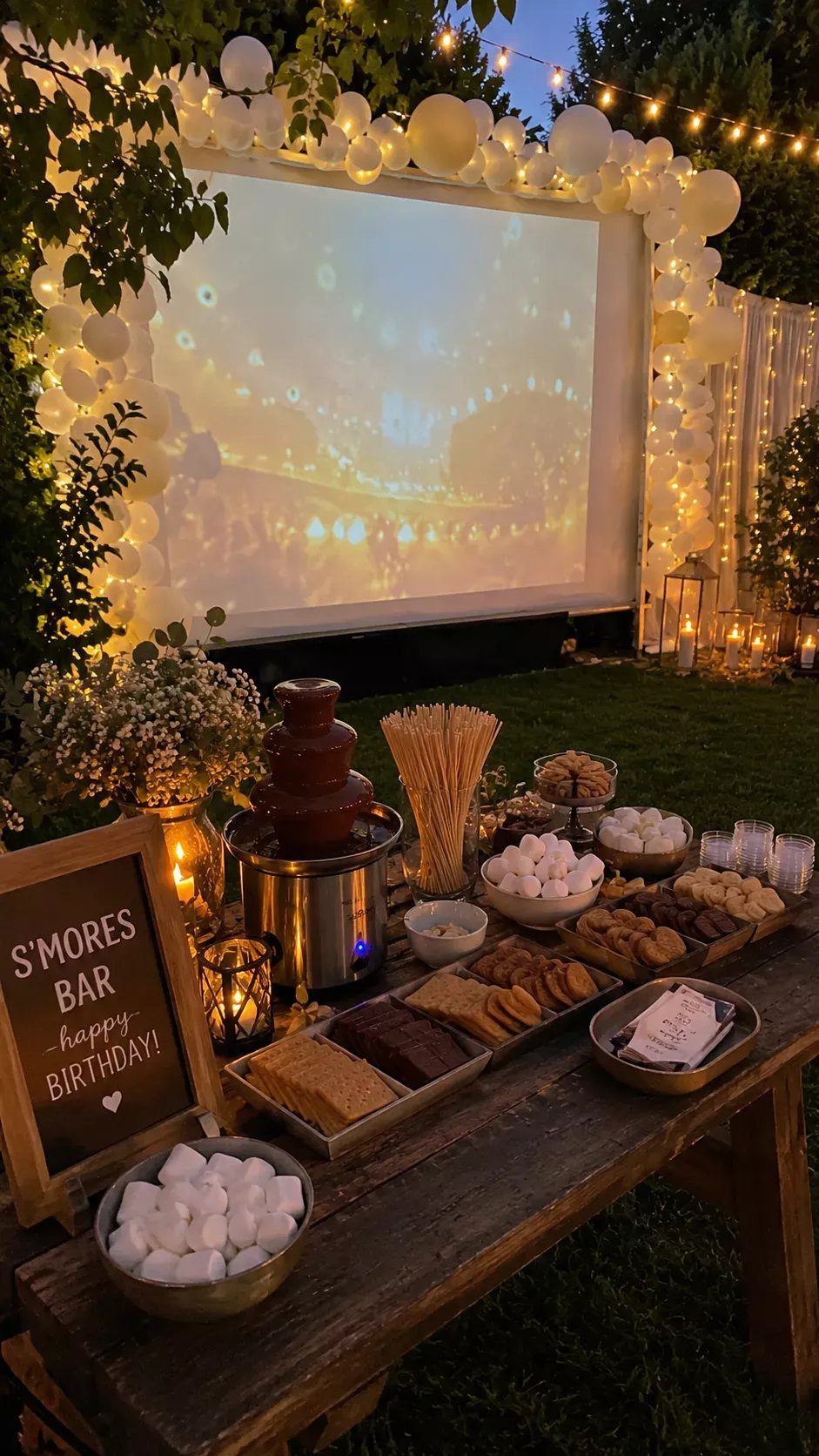 A s'mores bar with a chocolate fountain and outdoor movie screen at night.