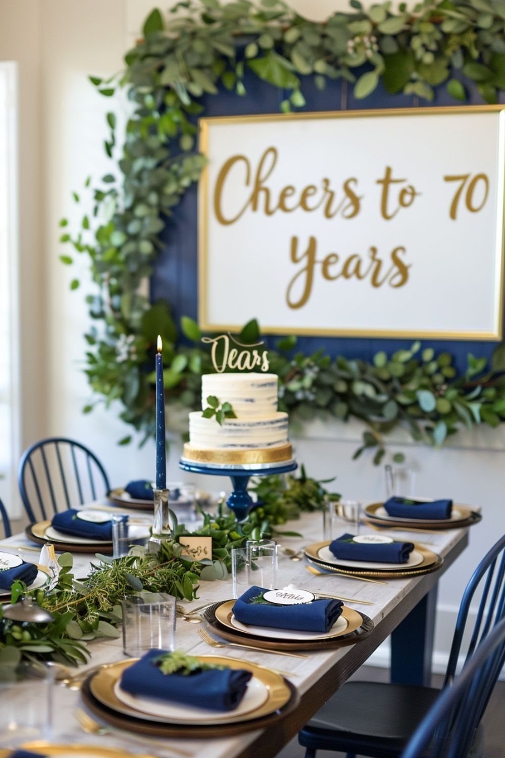 A decorated party table with navy blue settings, greenery, and a cake under a seventy years sign.