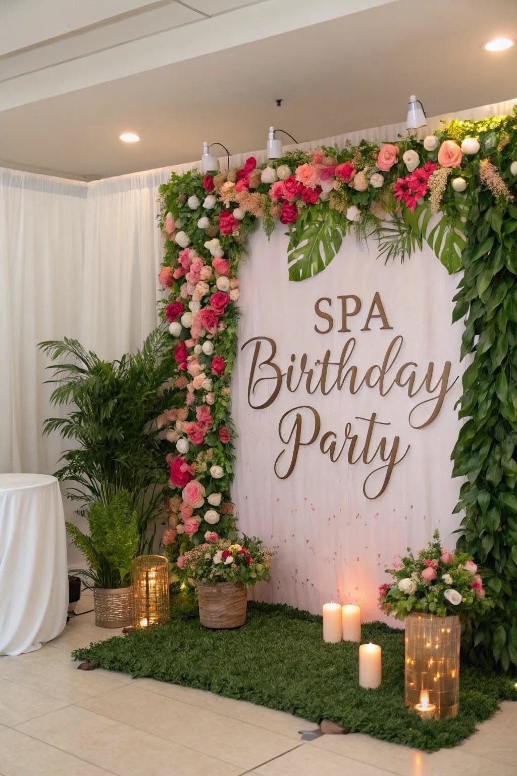 A decorative floral backdrop with gold lettering that reads Spa Birthday Party.