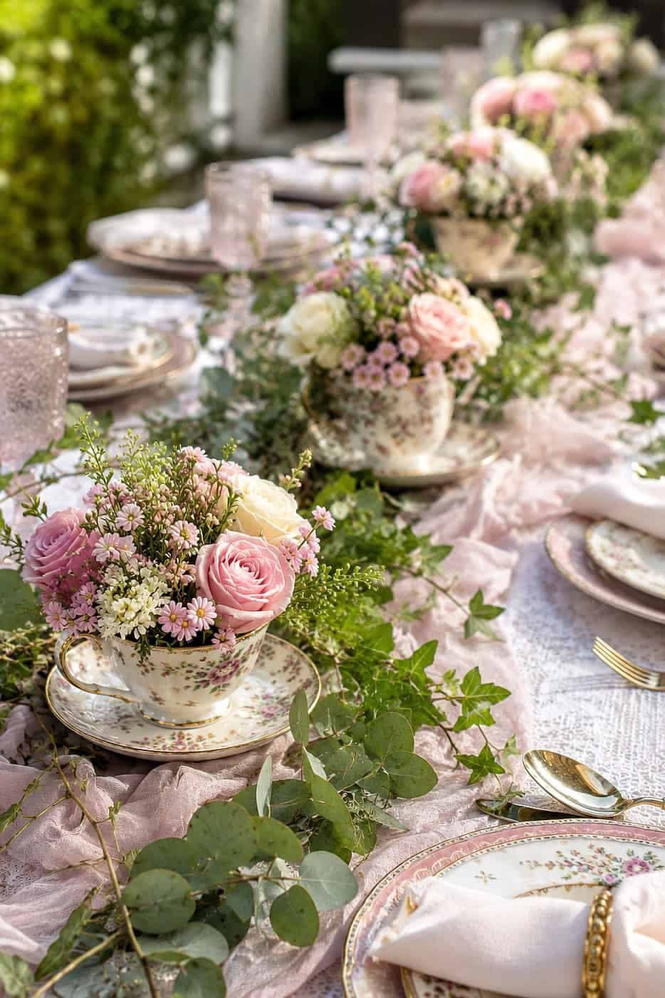 Floral arrangements in vintage teacups set on an elegant outdoor garden table.