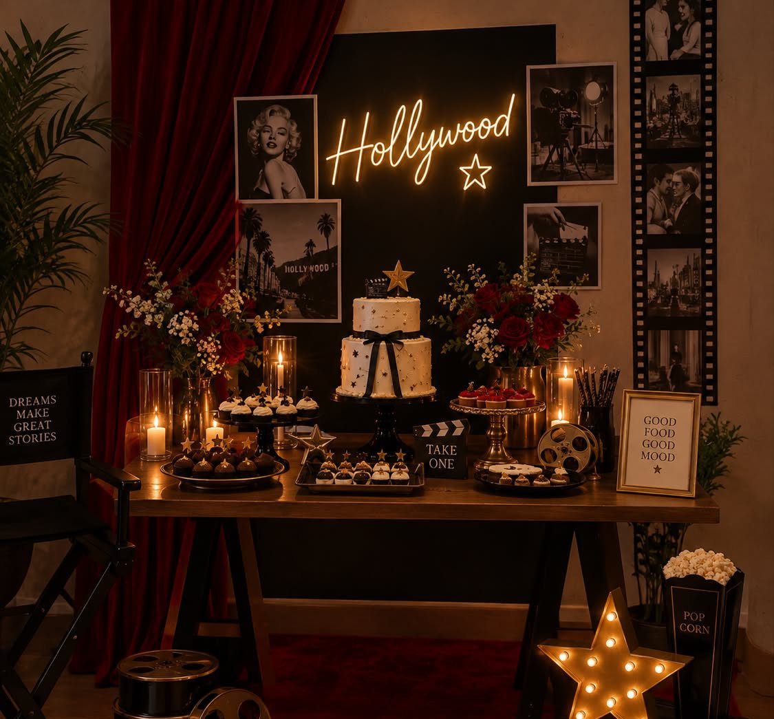 Hollywood themed dessert table with a polka dot cake, cupcakes, and neon Hollywood sign decor.