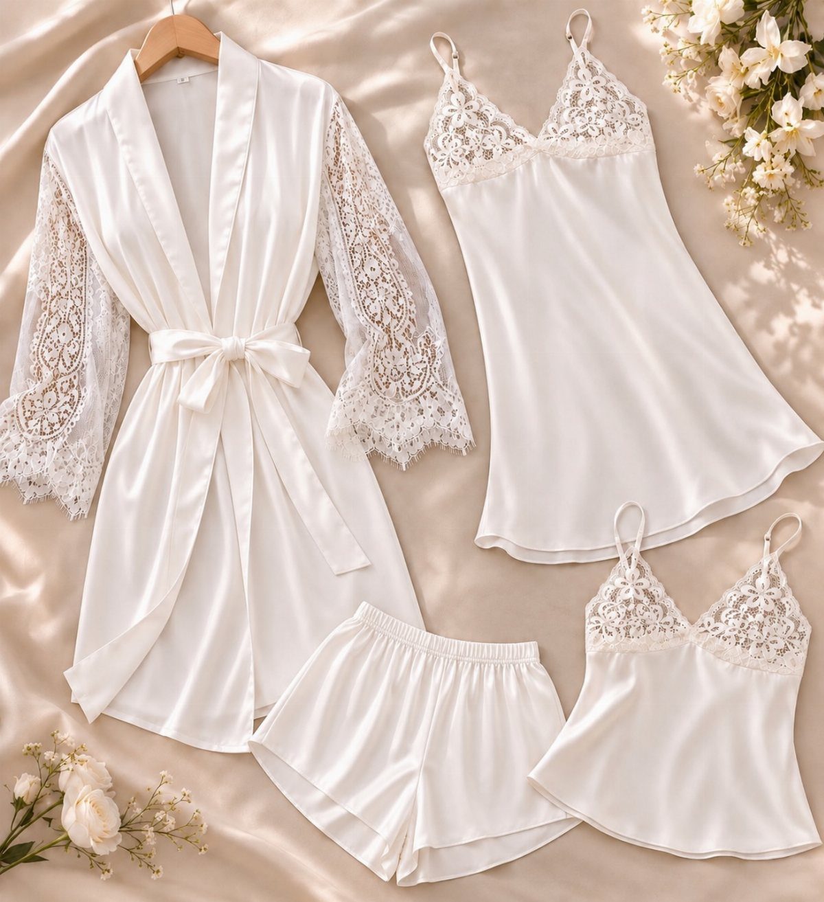 White satin loungewear set featuring a lace sleeve robe, camisole, and shorts on beige fabric.