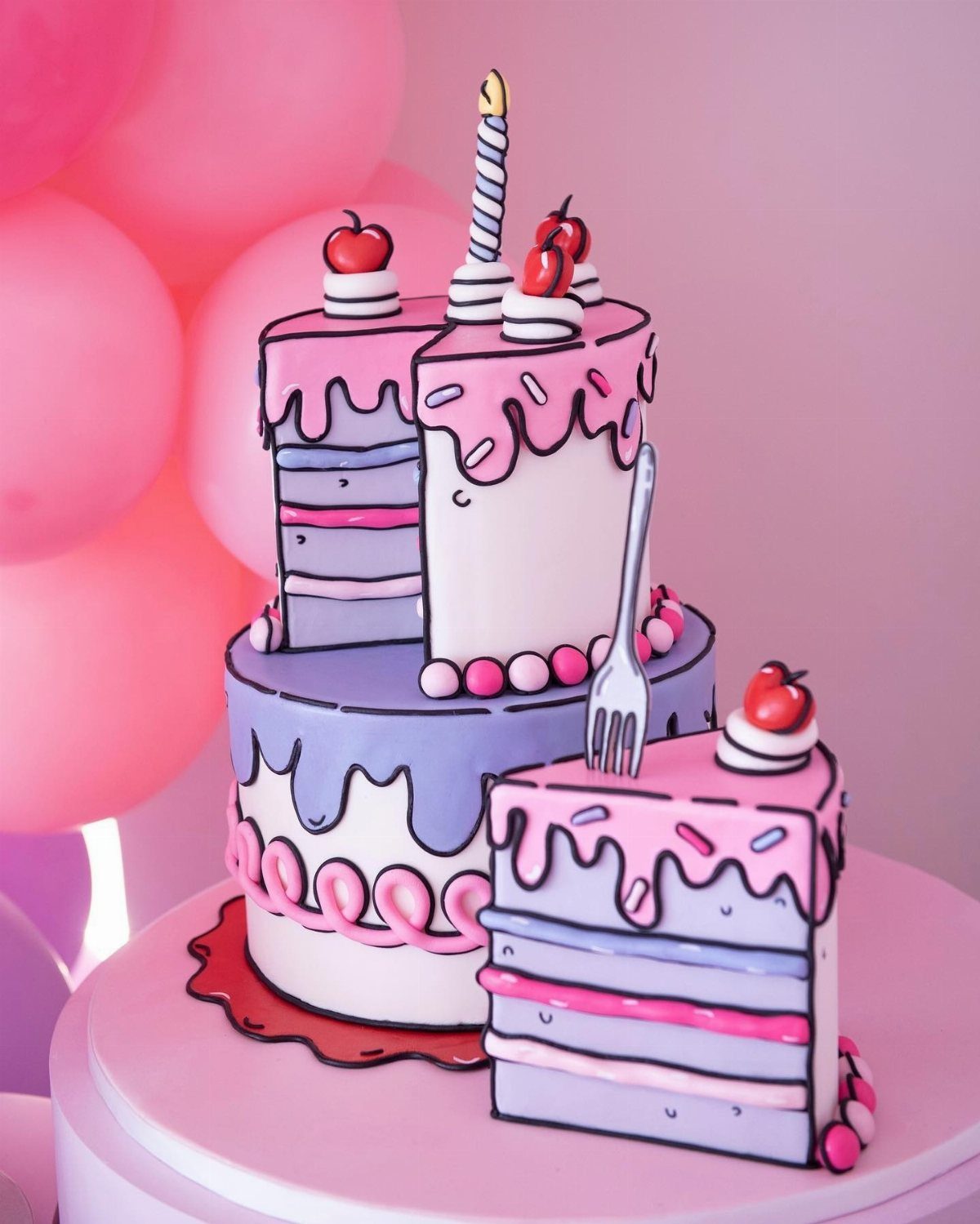 Cartoon style two-tier pink and purple cake with black outlines and cherries on a pink background.