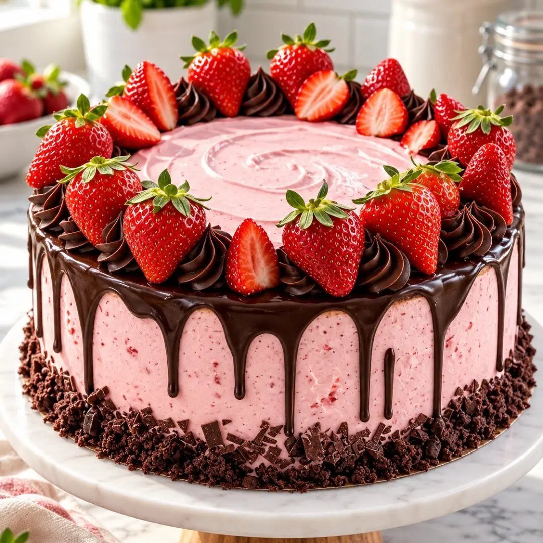 Pink strawberry cake with chocolate drip and fresh strawberries on a marble stand.