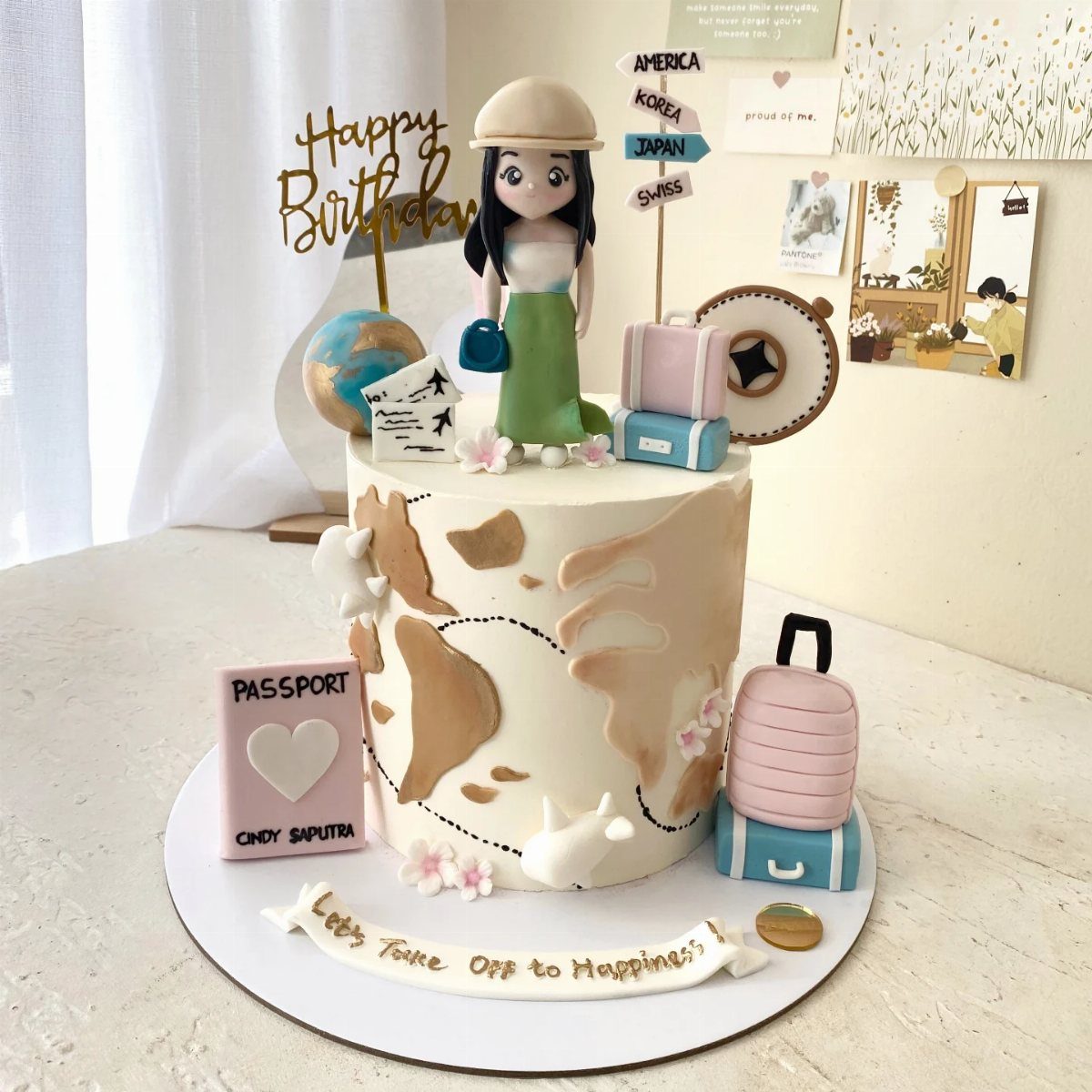 Travel themed birthday cake featuring a figurine, globe, suitcases, and a world map design.