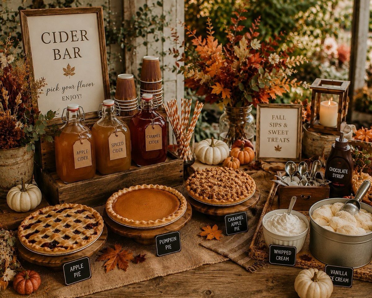 A dessert table with cider jugs, various pies, whipped cream, and small white pumpkins.