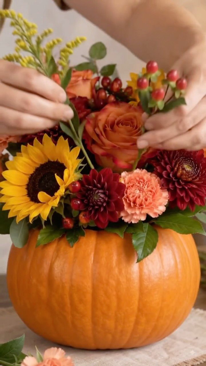 Hands arranging sunflowers and orange roses inside a hollowed-out pumpkin centerpiece.