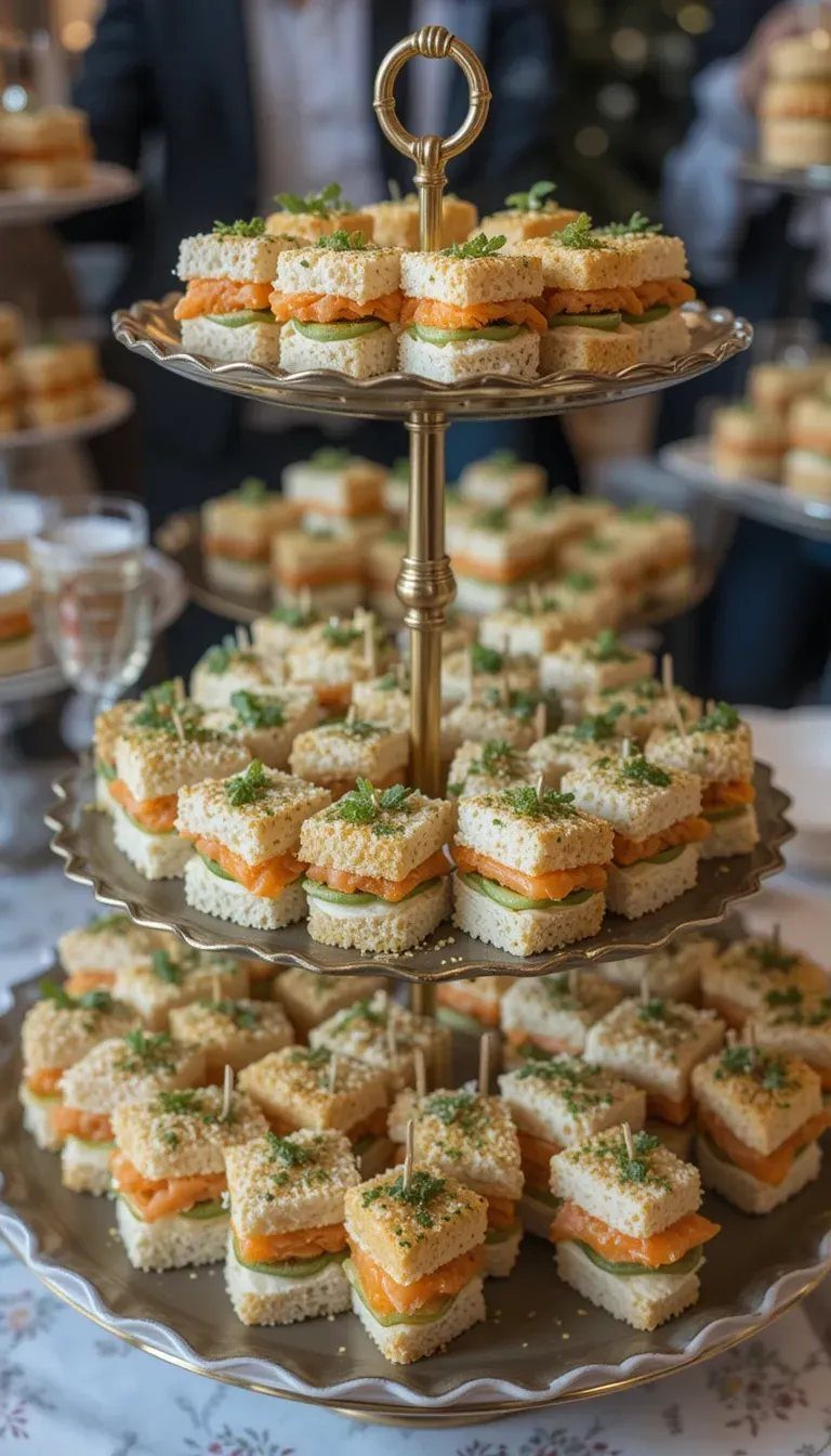 Three-tiered gold stand filled with salmon and cucumber finger sandwiches on a floral tablecloth.