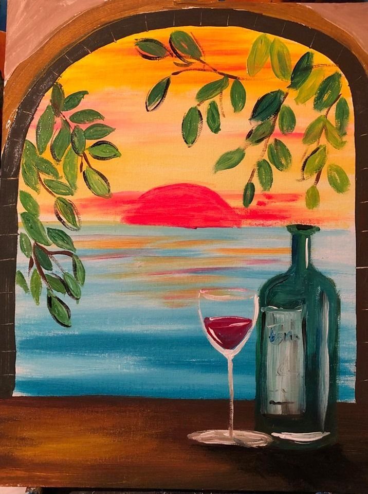 An acrylic painting of a sunset over the sea with a wine glass and bottle.