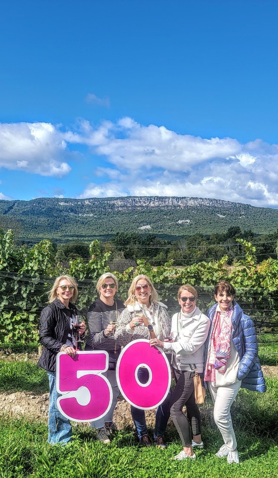 Five women posing in a vineyard holding large pink numbers fifty.