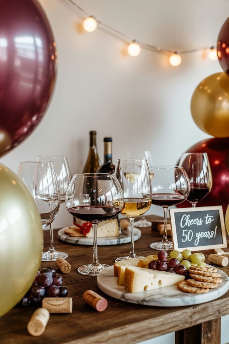 Wine glasses with red and white wine, cheese, grapes, and corks on a wooden table.