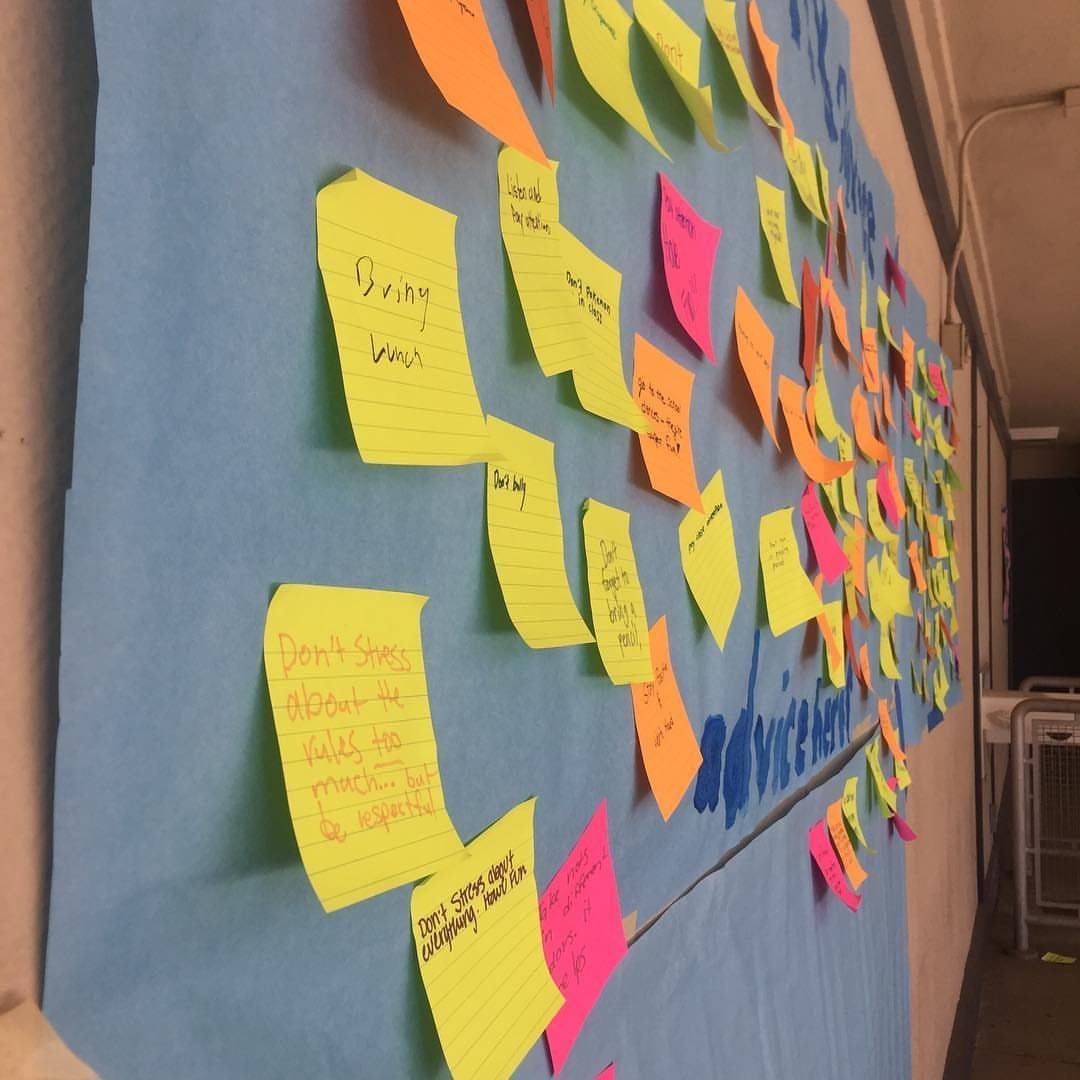Colorful sticky notes with handwritten messages attached to a large blue paper wall.