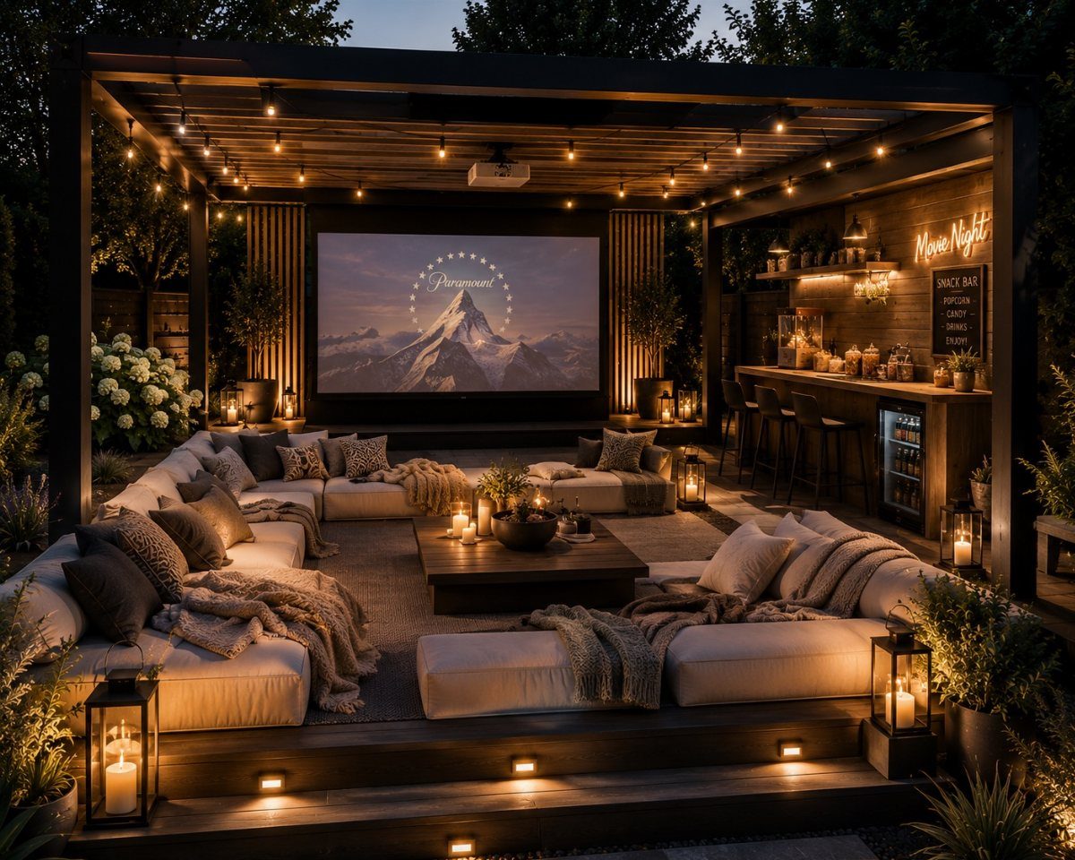 Cozy outdoor lounge with white sofas, string lights, and a large projector screen.