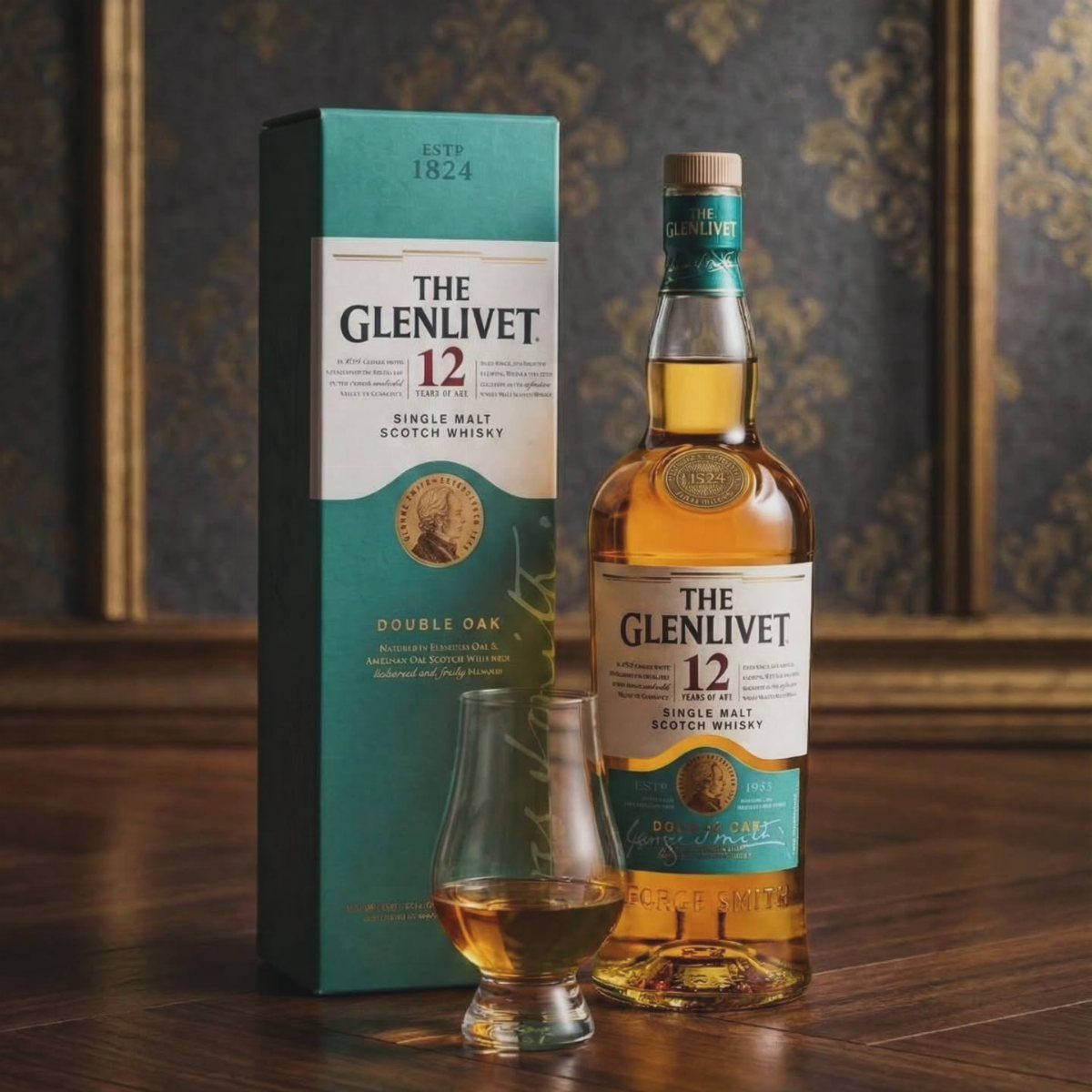 A bottle of Glenlivet 12 year old whisky, its box, and a small tasting glass on wood.