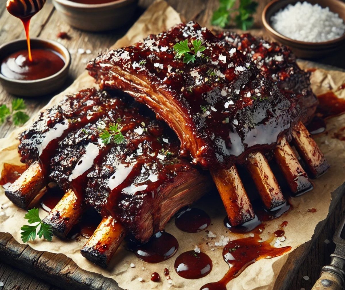Glazed barbecue ribs with parsley and salt on parchment paper over a wooden table.