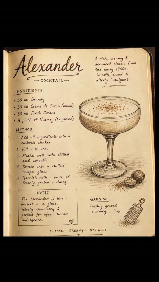 An open vintage cocktail recipe booklet illustrating an Alexander cocktail with ingredients and instructions.