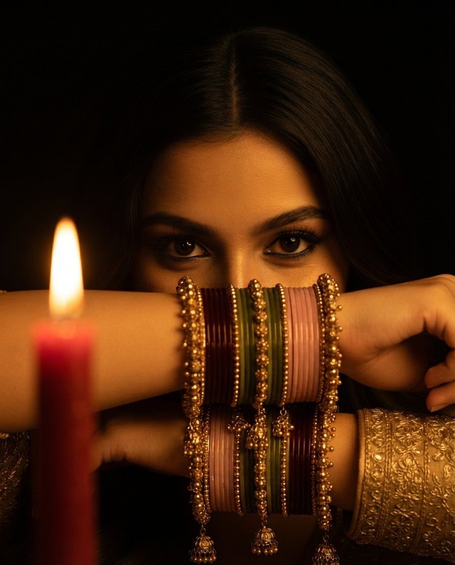 Woman with dark hair and gold bangles peeking behind her arms near a lit candle.