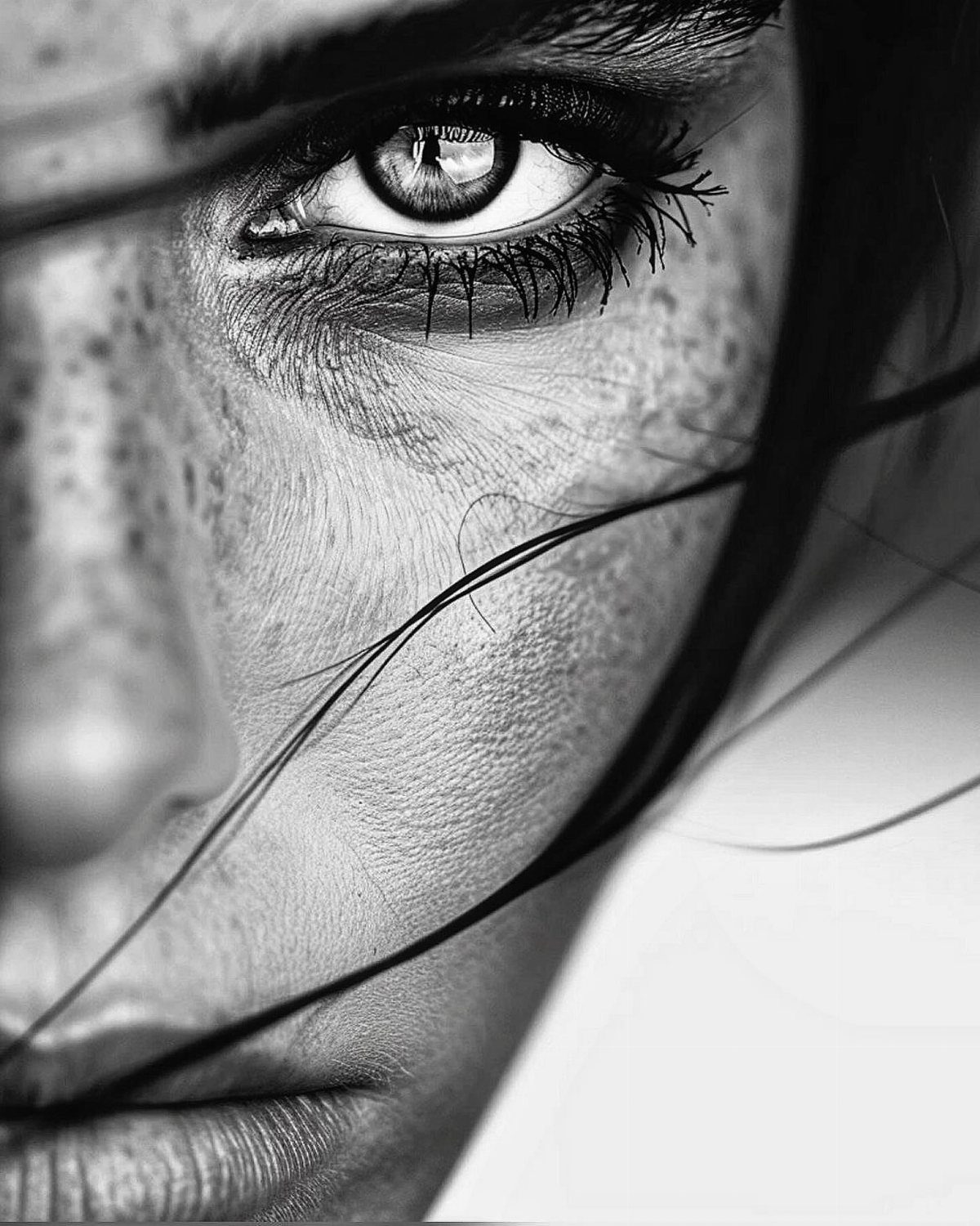 Close-up black and white portrait of a freckled face focusing on a single detailed eye.