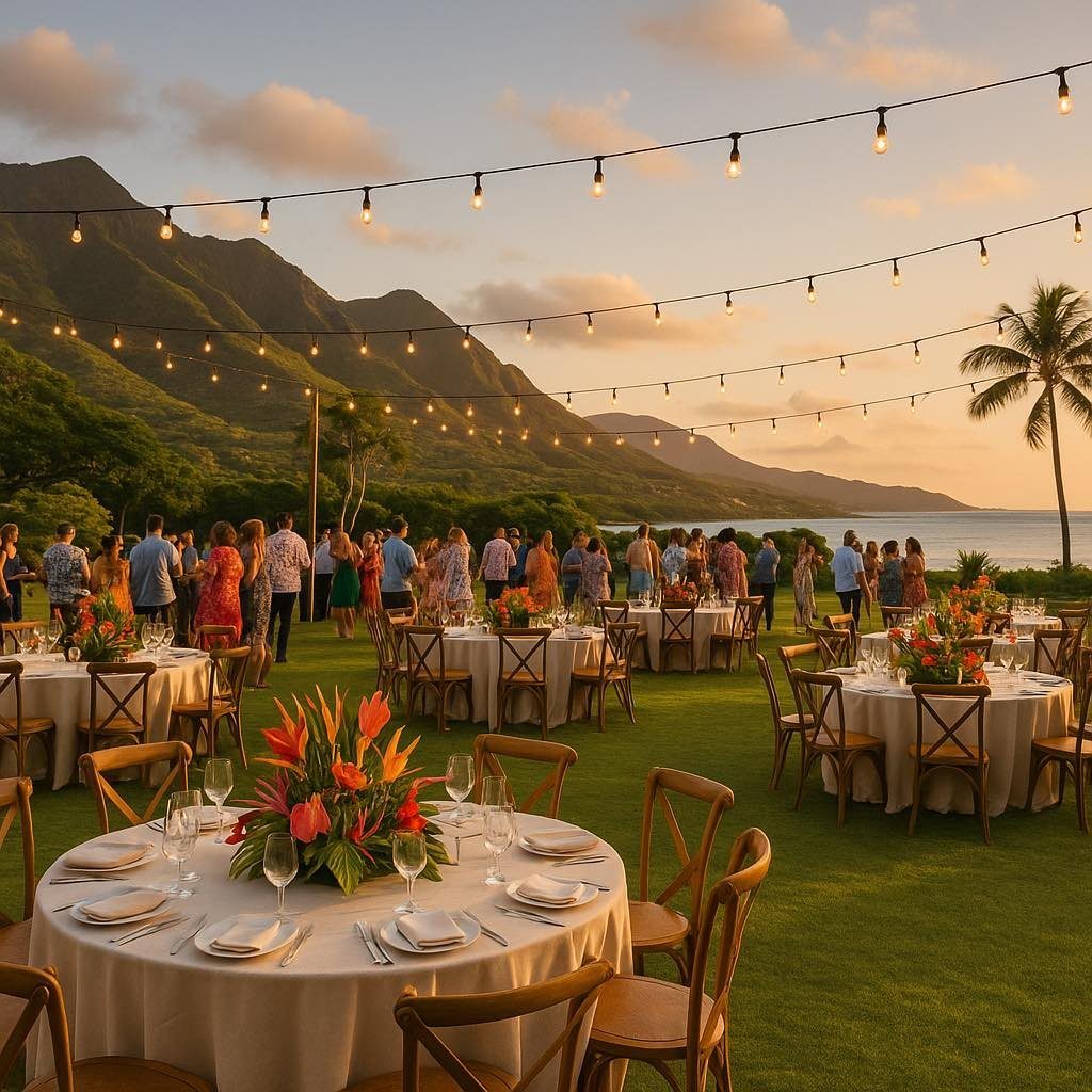 Outdoor dinner party with white tablecloths, tropical flowers, and string lights against a mountain backdrop.
