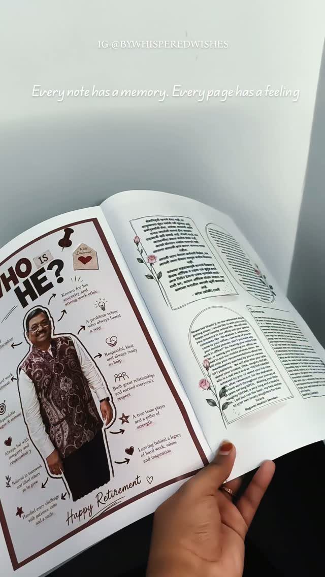 A hand holding an open printed book celebrating a man's retirement with text and a portrait.