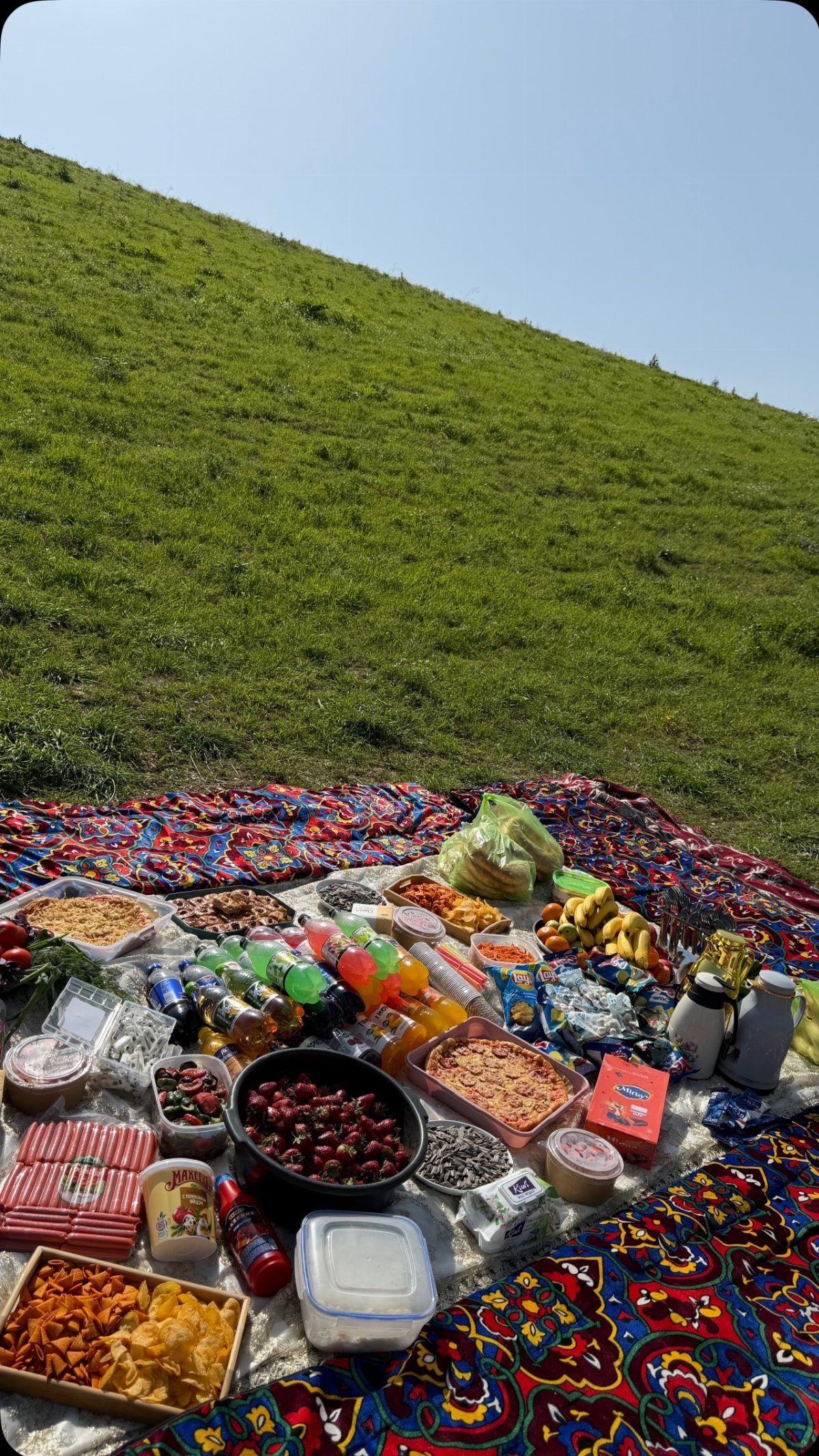A large spread of various snacks and drinks laid out on a colorful blanket on a grassy hill.