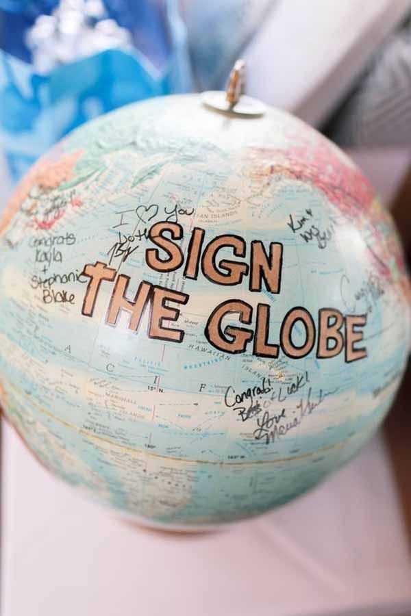 A world globe covered in handwritten messages and signatures with large text reading SIGN THE GLOBE.