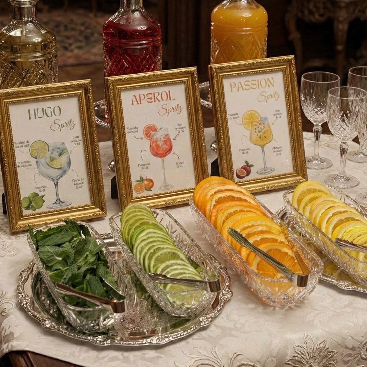 Cocktail ingredients and drinks displayed on an elegant table.