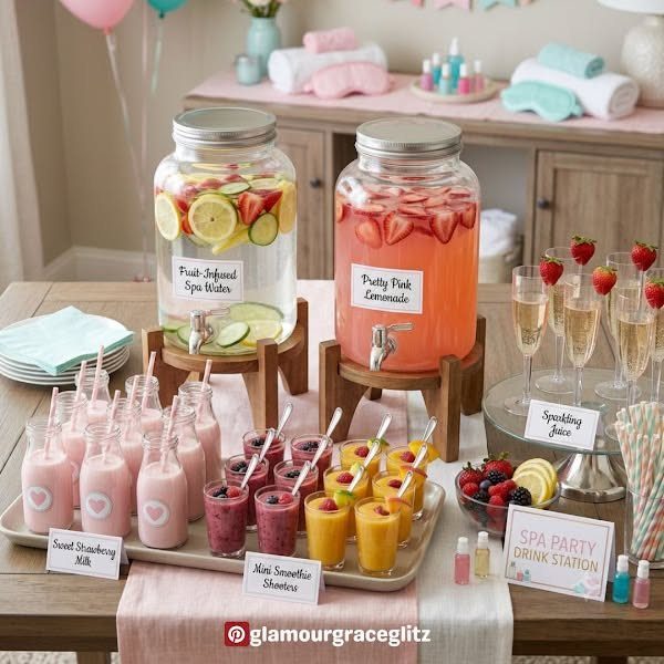 Spa-themed drink station with infused waters and smoothies.
