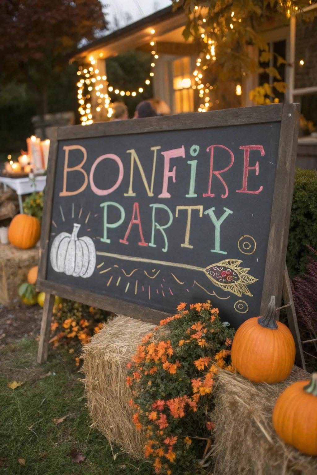 Chalkboard sign for a bonfire party with pumpkins and flowers.