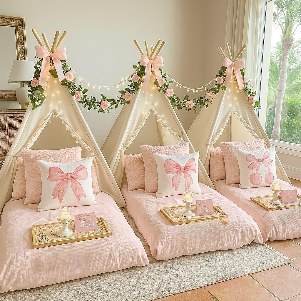 Three pink teepee tents with pillows and fairy lights in a bright room.
