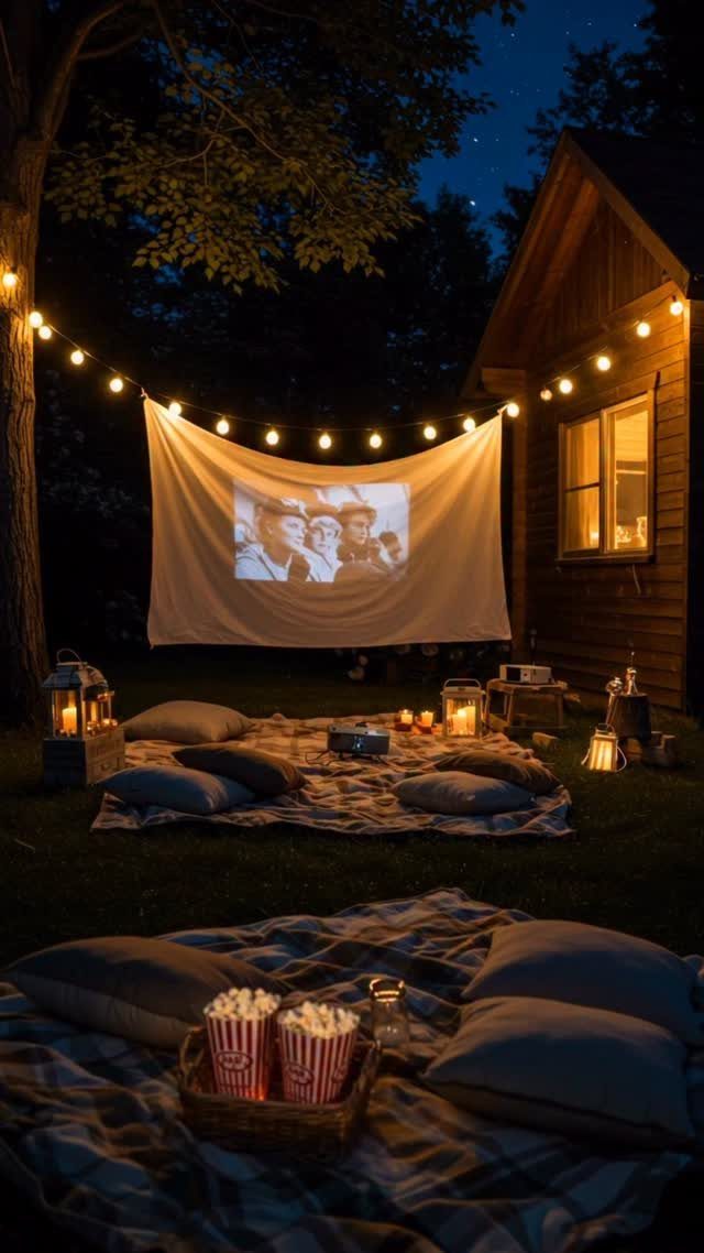 Outdoor movie screening with a projector on a white sheet, blankets, pillows, and popcorn on the grass.