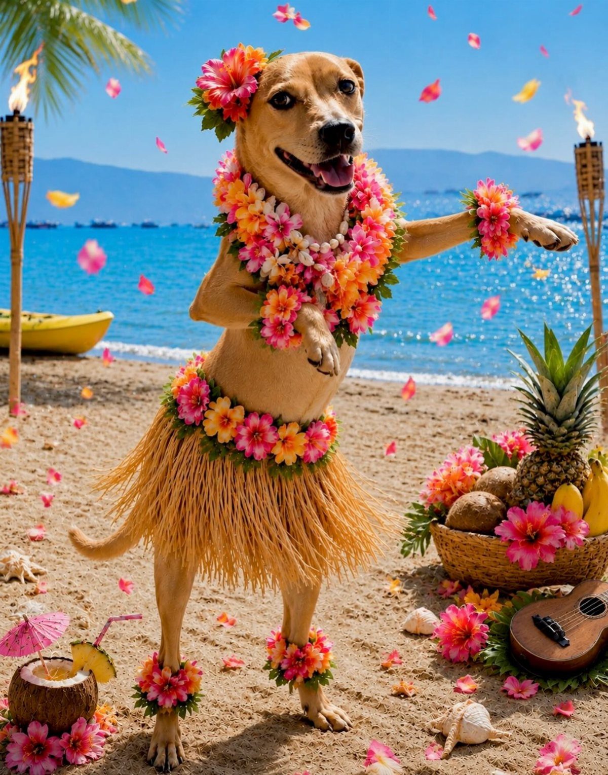 A tan dog dressed in a Hawaiian grass skirt and flower lei on a beach.
